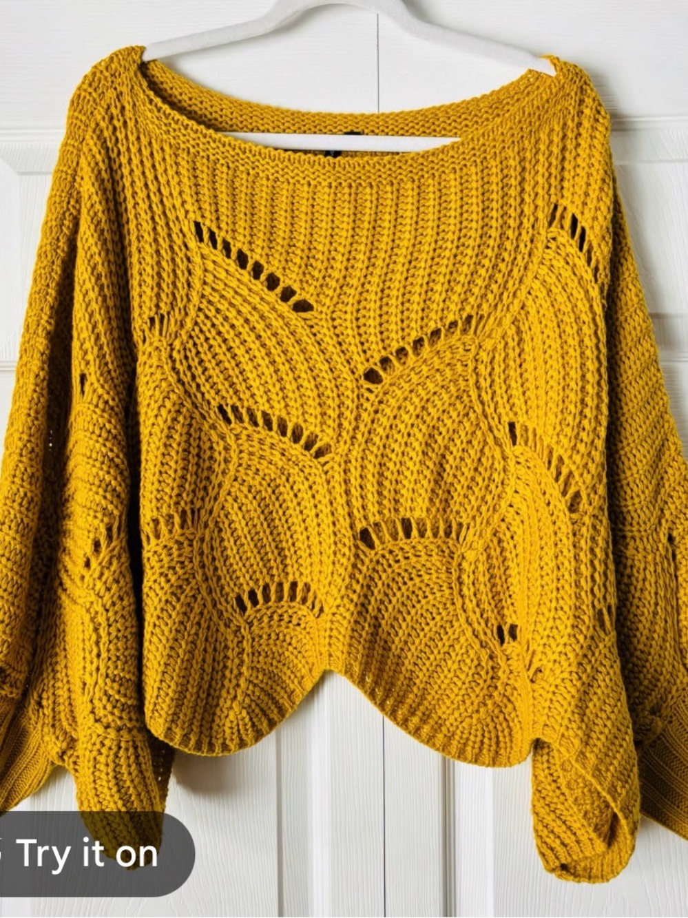 Moon and Maddison Mustard Yellow Open-Knit Scoop Neck Sweater